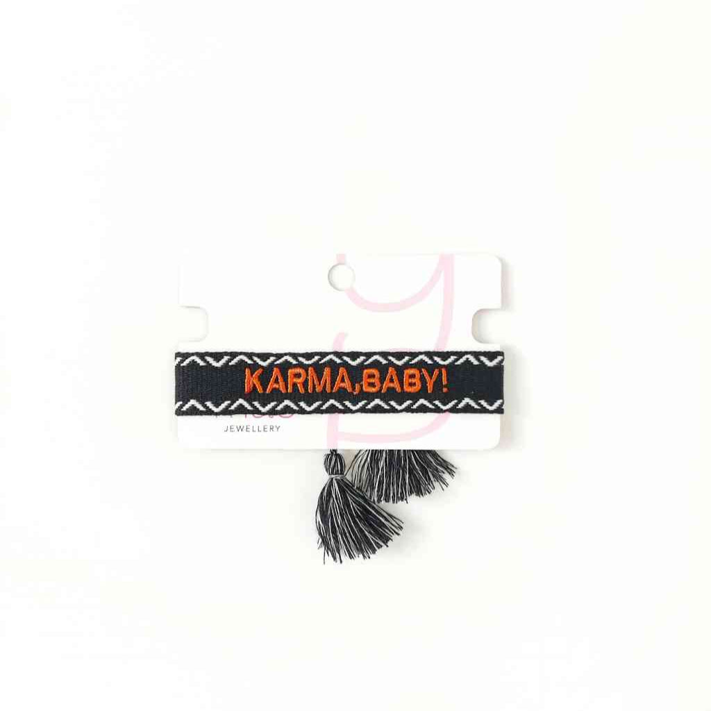 Armband KARMA BABY Statement-Band schwarz orange weiß  gewebt und bestickt Freundschaftsband erhältlich bei www.luiseundfritz.de