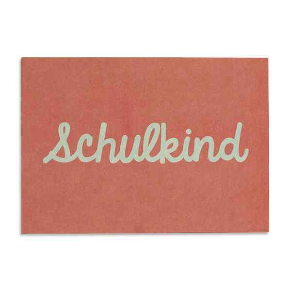 Postkarte SCHULKIND rosa blau Grußkarte zur Einschulung Holzschliffpappe